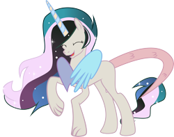 Size: 6128x4817 | Tagged: safe, artist:shootingstarsentry, imported from derpibooru, oc, oc:mysterilestia, hybrid, absurd resolution, base used, eyes closed, female, interspecies offspring, offspring, parent:discord, parent:princess celestia, parents:dislestia, simple background, solo, transparent background