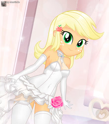 Size: 812x923 | Tagged: safe, artist:charliexe, imported from derpibooru, applejack, human, equestria girls, adorasexy, alternate hairstyle, bare shoulders, beautiful, bride, clothes, cute, dress, evening gloves, female, flower, freckles, garter, garter belt, garters, gloves, jackabetes, long gloves, looking at you, marriage, rose, see-through, sexy, sleeveless, smiling, smiling at you, solo, stockings, thigh highs, underass, wedding, wedding dress