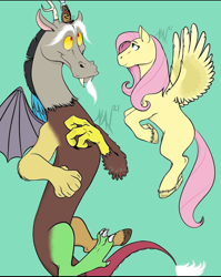 Size: 720x905 | Tagged: safe, artist:nat_cast_art, imported from derpibooru, discord, fluttershy, butterfly, draconequus, pegasus, 2021, claws, duo, green background, missing cutie mark, signature, simple background, smiling, spanish description