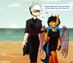 Size: 1204x1049 | Tagged: safe, artist:redxbacon, imported from derpibooru, oc, oc only, oc:note clip, anthro, pegasus, artificial wings, augmented, beach, clothes, fingerless gloves, gloves, holding shoes, mechanical wing, necktie, ocean, pants, scar, shirt, shoes, shorts, wings