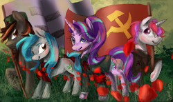 Size: 1238x733 | Tagged: safe, artist:elisdoominika, imported from derpibooru, starlight glimmer, oc, oc:fahu, oc:legion, oc:sweet elis, earth pony, pony, unicorn, bow, clothes, communism, communist party, communist pony, earth pony oc, equal cutie mark, equality, flag, grass, hammer and sickle, looking at each other, not blood, raised hoof, ribbon, rose petals, shirt, smiling, smiling at each other, socialism, stalin glimmer