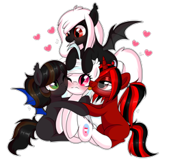 Size: 4515x4217 | Tagged: safe, artist:memories-ice, imported from derpibooru, oc, oc only, oc:dusk coffee, oc:midnight ruby, oc:shadow star, oc:wynter skye, bat pony, pony, unicorn, derpibooru community collaboration, 2022 community collab, :p, bat pony oc, black mane, blushing, embarrassed, green eyes, happy, hug, hugging a pony, kissing, licking, mane, nibbling, red and black oc, red eyes, red mane, simple background, tongue out, transparent background, white mane