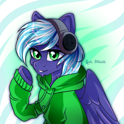 Size: 1920x1920 | Tagged: safe, artist:fluffywhirlpool, imported from derpibooru, oc, oc only, oc:moonlight drop, pegasus, pony, clothes, headphones, looking at you, male, pegasus oc, raised hoof, solo, stallion, sweater, wings