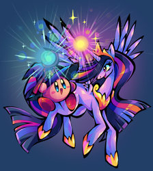 Size: 4000x4457 | Tagged: safe, artist:cilvia, imported from derpibooru, twilight sparkle, alicorn, pony, crossover, crown, hat, jewelry, kirby, kirby (series), magic, older, older twilight, puffball, regalia, staff, twilight sparkle (alicorn), wings, wizard hat