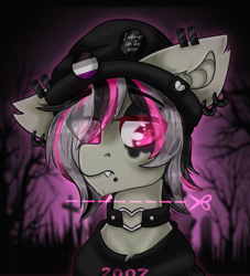 Size: 2000x2200 | Tagged: safe, artist:etoz, imported from derpibooru, oc, oc only, oc:gravel shine, bat pony, pony, asexual, asexual pride flag, bat pony oc, choker, clothes, collar, commission, ear piercing, earring, emo, eyebrow piercing, eyebrows, eyebrows visible through hair, fangs, hat, high res, jewelry, lip piercing, looking away, makeup, male, piercing, pride, pride flag, sad, snake bites, stallion, wingding eyes