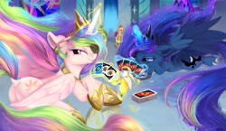 Size: 2063x1200 | Tagged: safe, artist:sketchiix3, imported from derpibooru, princess celestia, princess luna, twilight sparkle, alicorn, unicorn, :p, banana, bananalestia, butt, canterlot castle, card game, crown, do you like bananas?, dock, ethereal mane, ethereal tail, female, food, horseshoes, jewelry, lying down, mlem, on floor, peytral, playing card, plot, prone, regalia, royal guard, royal sisters, siblings, silly, sisters, stained glass, sunbutt, tail, this will end in death, this will end in nightmare moon, this will end in tears, this will end in tears and/or death, tongue out, trollestia, uno, uno reverse card