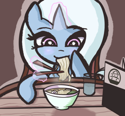 Size: 2240x2086 | Tagged: safe, artist:solid shrimp, imported from derpibooru, trixie, pony, unicorn, chopsticks, eating, eyelashes, female, food, glass, glass of water, glowing, glowing horn, high res, horn, magic, mare, noodles, ramen, ramen face, solo, telekinesis, water