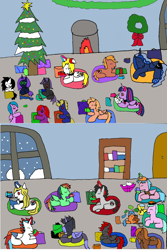 Size: 1312x1960 | Tagged: safe, artist:ask-luciavampire, imported from derpibooru, oc, alicorn, earth pony, pegasus, pony, undead, unicorn, vampire, vampony, christmas, christmas lights, christmas tree, coffee, holiday, present, snow, tree, tumblr