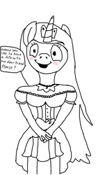 Size: 640x1136 | Tagged: safe, artist:php149, imported from derpibooru, princess luna, anthro, bishoujo, clothes, date, dialogue, dress, kotobukiya princess luna, looking at you, monochrome