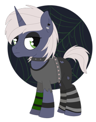 Size: 1219x1557 | Tagged: safe, artist:dyonys, imported from derpibooru, oc, oc only, pony, unicorn, ambiguous gender, belt, choker, clothes, ear piercing, eyeshadow, freckles, goth, makeup, pants, piercing, shirt, simple background, spikes, torn clothes, transparent background