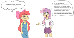 Size: 1600x817 | Tagged: safe, artist:echo-saan, imported from derpibooru, apple bloom, sweetie belle, human, apple bloom's bow, bow, clothes, hair bow, humanized, overalls, red mane, red tail, rich, simple background, skirt, speech bubble, standing, tail