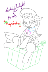 Size: 3725x5495 | Tagged: safe, artist:adorkabletwilightandfriends, imported from derpibooru, octavia melody, earth pony, pony, adorkable, adorkable friends, bedroom eyes, christmas, clothes, cute, dork, dress shirt, floppy ears, grin, holiday, present, shirt, smiling, smirk, socks, stupid sexy octavia, thigh highs