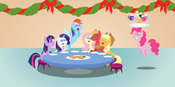 Size: 4320x2160 | Tagged: safe, anonymous artist, imported from derpibooru, applejack, big macintosh, fluttershy, pinkie pie, rainbow dash, rarity, twilight sparkle, alicorn, earth pony, pegasus, pony, unicorn, series:fm holidays, series:hearth's warming advent calendar 2021, advent calendar, chocolate, christmas, christmas cookies, cookie, female, fluttermac, food, garland, high res, holiday, hot chocolate, lineless, male, mane six, mare, mug, pointy ponies, pronking, shipping, sitting, sprinkles, stallion, straight, table, twilight sparkle (alicorn), whipped cream