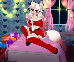 Size: 5090x4258 | Tagged: safe, artist:cali luminos, imported from derpibooru, oc, oc only, oc:return, anthro, unguligrade anthro, unicorn, absurd resolution, anthro oc, bed, bedroom, breasts, christmas, clothes, colored, costume, cute, eyebrows, eyebrows visible through hair, female, flat colors, heterochromia, holiday, horn, indoors, looking at you, midriff, miniskirt, ocbetes, present, santa costume, sexy, sitting, skirt, smiling, smiling at you, solo, string lights, unicorn oc