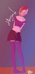 Size: 679x1438 | Tagged: safe, artist:ukedideka, imported from derpibooru, oc, oc only, oc:lumen afterglow, human, arm behind back, belly button, blushing, clothes, collar, ear piercing, eyebrow piercing, eyes closed, female, humanized, leaning, piercing, short shirt, signature, simple background, skirt, smiling, socks, solo, standing, stocking feet, stockings, text, thigh highs, tongue out