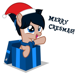 Size: 3680x3480 | Tagged: safe, artist:strategypony, imported from derpibooru, oc, oc only, oc:crescend cinnamon, earth pony, pony, christmas, christmas gift, cute, earth pony oc, female, filly, foal, greeting, hat, high res, holiday, intentional spelling error, merry christmas, ocbetes, present, santa hat, simple background, transparent background, younger