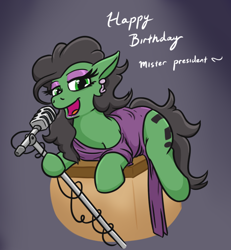 Size: 580x627 | Tagged: safe, artist:jargon scott, imported from derpibooru, oc, oc only, oc:anon-mare, earth pony, pony, clothes, dress, eyeshadow, female, happy birthday, lidded eyes, lipstick, looking at you, makeup, mare, marilyn monroe, microphone, open mouth, open smile, singing, smiling, solo