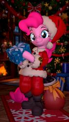 Size: 2160x3840 | Tagged: safe, artist:owlpirate, imported from derpibooru, pinkie pie, earth pony, semi-anthro, 3d, 4k, boots, christmas, christmas tree, clothes, coal, costume, female, fireplace, glasses, hat, high res, holiday, hoof hold, looking at you, mare, present, sack, santa costume, santa hat, shoes, smiling, smiling at you, solo, source filmmaker, tinsel, tree