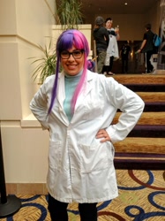 Size: 1024x1366 | Tagged: safe, artist:cinemabrony, imported from derpibooru, sci-twi, twilight sparkle, human, equestria girls, rainbow rocks, babscon, babscon 2015, clothes, cosplay, costume, hand on hip, irl, irl human, lab coat, pencil, photo