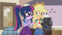 Size: 3410x1920 | Tagged: safe, imported from derpibooru, screencap, applejack, sci-twi, twilight sparkle, equestria girls, equestria girls series, outtakes (episode), :o, applejack's hat, belt, bowtie, clothes, cowboy hat, cutie mark on clothes, denim skirt, duo, duo female, female, geode of super strength, geode of telekinesis, glasses, hat, high res, jewelry, magical geodes, necklace, open mouth, ponytail, skirt, smiling, video camera