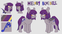 Size: 3000x1650 | Tagged: safe, artist:cheekipone, imported from derpibooru, oc, oc only, oc:melody bluebell, bat pony, pony, fanfic:books bats and bad mojo, bags under eyes, bat wings, color palette, commission, cutie mark, ear tufts, eighth note, exhausted, eye clipping through hair, eyeshadow, fanfic art, fangs, female, long tail, makeup, mare, purple mane, ref, reference sheet, short mane, sleepy, smiling, snaggle tooth, solo, straight mane, surprised, tail, tired, wings, yellow eyes