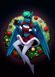 Size: 1778x2500 | Tagged: safe, artist:mrscroup, imported from derpibooru, oc, oc only, oc:emerald, anthro, pegasus, plantigrade anthro, christmas, christmas decoration, christmas wreath, clothes, commission, costume, holiday, large wings, midriff, pantyhose, santa costume, santa dress, socks, solo, stocking feet, wings, wreath, ych result