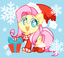 Size: 1000x920 | Tagged: safe, artist:yokokinawa, imported from derpibooru, fluttershy, pegasus, pony, blue background, booties, chibi, christmas, clothes, cute, female, hat, heart eyes, holiday, mare, open mouth, present, santa hat, shyabetes, simple background, snow, snowflake, solo, sweater, sweatershy, white pupils, wingding eyes
