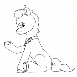 Size: 2048x2048 | Tagged: safe, artist:dancingkinfiend, imported from derpibooru, sprout cloverleaf, earth pony, pony, angry, badge, belt, black and white, clothes, eyebrows down, frown, g5, grayscale, high res, lineart, male, monochrome, my little pony: a new generation, serious, serious face, solo, stallion, tail, wavy hair, wavy mane, wavy tail