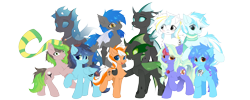 Size: 5000x2000 | Tagged: safe, artist:neverend, imported from derpibooru, oc, oc only, oc:accurate balance, oc:chela, oc:freedom melody, oc:frosty illusion, oc:ladetaw, oc:liquid heart, oc:serene secrets, oc:utopia, oc:west wind, oc:zerol acqua, bat pony, changeling, pegasus, unicorn, derpibooru community collaboration, 2022 community collab, :3, accopia, blue pony, blushing, chest fluff, clothes, derp face, female, forked tongue, glance, green changeling, group photo, holding, jewelry, looking at you, male, mare, necklace, orange pony, pendant, plushie, scarf, side hug, simple background, smiling, spread wings, stallion, tongue out, transparent background, white pony, white wings, wide eyes, wings
