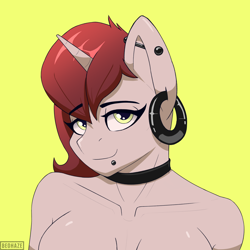 Size: 1720x1720 | Tagged: safe, artist:mialina, imported from derpibooru, oc, oc only, anthro, unicorn, anthro oc, breasts, bust, cel shading, choker, ear piercing, earring, eyebrows, eyebrows visible through hair, eyelashes, female, goth, horn, industrial piercing, jewelry, lip piercing, looking at you, piercing, shading, simple background, smiling, smiling at you, solo, yellow background