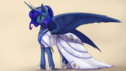 Size: 3840x2160 | Tagged: safe, artist:tenebrisnoctus, imported from derpibooru, princess luna, alicorn, pony, alternate hairstyle, clothes, crown, dress, female, high res, jewelry, mare, regalia, solo