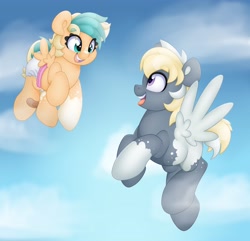 Size: 4096x3943 | Tagged: safe, artist:duckie, imported from derpibooru, oc, oc:sun light, pegasus, pony, bandaid, cloud, cloudy, colt, diaper, female, filly, flying, foal, looking at each other, looking at someone, male, stallion