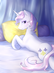 Size: 3349x4555 | Tagged: safe, artist:aquoquoo, imported from derpibooru, fleur-de-lis, pony, unicorn, bed, bedroom eyes, flavien-de-los, high res, looking at you, looking back, looking back at you, lying down, male, on bed, pillow, prone, rule 63, solo, stallion, underhoof