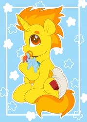 Size: 2568x3584 | Tagged: safe, artist:duckie, imported from derpibooru, rainbow dash, oc, pony, unicorn, abdl, button eyes, diaper, eyebrows, high res, looking at you, pacifier, plushie, sitting, solo