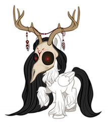 Size: 1097x1280 | Tagged: safe, artist:freshpoison, imported from derpibooru, oc, oc:ellis the wendigo, pegasus, black hair, deer skull, female, long hair, red eyes, solo, wendigo pony, white fur