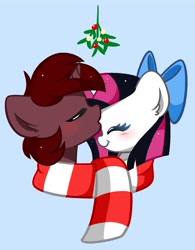 Size: 1452x1864 | Tagged: safe, artist:kittyrosie, imported from derpibooru, oc, pony, unicorn, blushing, bow, clothes, commission, cute, duo, eyes closed, hair bow, holly, horn, kiss on the head, kissing, mistleholly, oc x oc, ocbetes, scarf, shared clothing, shared scarf, shipping, simple background, striped scarf, unicorn oc, ych result