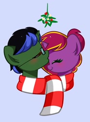 Size: 1425x1922 | Tagged: safe, artist:kittyrosie, imported from derpibooru, oc, oc:diamond-chi, oc:thunderspeak, pony, unicorn, blushing, clothes, commission, cute, duo, eyes closed, female, glasses, holly, horn, kiss on the head, kissing, male, mistleholly, oc x oc, ocbetes, scarf, shared clothing, shared scarf, shipping, simple background, straight, striped scarf, thunderchi, ych result