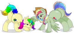 Size: 8700x3900 | Tagged: safe, artist:rainbowtashie, imported from derpibooru, oc, oc:rainbow tashie, oc:zap-apple jam, earth pony, pegasus, pony, butt, commissioner:bigonionbean, cowboy hat, cutie mark, exercise, female, flank, fusion, fusion:rainbow dash, hat, mare, nintendo, nintendo 64, plot, stetson, sweat, writer:bigonionbean