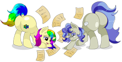 Size: 9000x4585 | Tagged: safe, artist:rainbowtashie, imported from derpibooru, oc, oc only, oc:dental authority, oc:rainbow tashie, earth pony, pony, unicorn, butt, commissioner:bigonionbean, cutie mark, duo, female, flank, fusion, fusion:mayor mare, glasses, mare, nintendo, nintendo 64, paper, paperwork, parent:mayor mare, parent:minuette, picking up, plot, writer:bigonionbean