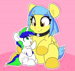 Size: 4000x3769 | Tagged: safe, artist:duckie, imported from derpibooru, oc, oc only, oc:bubble "duckie" bath, pegasus, pony, unicorn, abdl, age regression, choker, colored hooves, diaper, duo, eye clipping through hair, eye contact, eyebrows, eyebrows visible through hair, foal, folded wings, hooves, horn, looking at each other, looking at someone, open mouth, orange eyes, outline, pegasus oc, sitting, smiling, tail, tongue out, two toned mane, two toned tail, unicorn oc, white outline, wings