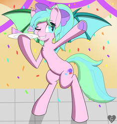 Size: 4937x5256 | Tagged: safe, artist:gnashie, imported from derpibooru, oc, oc only, oc:sugar sweet, bat pony, pony, bat pony oc, belly button, bipedal, bow, cake, confetti, cupcake, ear fluff, fangs, food, one eye closed, plate, ponytail, solo, streamers, tiled floor, underhoof, wings, wink