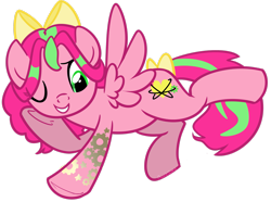 Size: 2843x2110 | Tagged: safe, artist:khimi-chan, imported from derpibooru, oc, oc only, pegasus, pony, bow, eyelashes, female, hair bow, high res, mare, one eye closed, pegasus oc, simple background, solo, tail, tail bow, tattoo, transparent background, underhoof, wings, wink