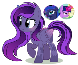 Size: 1280x1065 | Tagged: safe, artist:mint-light, artist:princess-kitsune-tsu, imported from derpibooru, princess luna, twilight sparkle, oc, alicorn, pony, unicorn, alicorn oc, base used, coat markings, female, folded wings, full body, horn, magical lesbian spawn, mare, offspring, parent:princess luna, parent:twilight sparkle, parents:twiluna, raised eyebrow, raised hoof, shadow, show accurate, simple background, standing, tail, transparent background, twilight sparkle (alicorn), wings