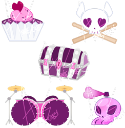 Size: 2420x2477 | Tagged: safe, artist:khimi-chan, imported from derpibooru, oc, oc only, chest, cupcake, cutie mark, cutie mark only, drums, food, high res, musical instrument, no pony, simple background, skull, transparent background