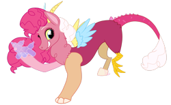 Size: 3122x1921 | Tagged: safe, artist:khimi-chan, imported from derpibooru, oc, oc only, draconequus, draconequus oc, female, grin, interspecies offspring, offspring, parent:discord, parent:pinkie pie, parents:discopie, simple background, smiling, solo, transparent background