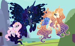 Size: 1466x900 | Tagged: safe, artist:gihhbloonde, imported from derpibooru, princess celestia, princess luna, oc, alicorn, alicorn oc, base used, eyelashes, female, horn, outdoors, pink-mane celestia, royal sisters, siblings, sisters, smiling, wings, young celestia, young luna