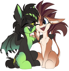 Size: 1469x1496 | Tagged: safe, artist:airfly-pony, imported from derpibooru, oc, oc:case, oc:chloe (bat), bat pony, pony, unicorn, derpibooru community collaboration, 2022 community collab, big ears, chest fluff, duo, ear fluff, elepatrium, eye clipping through hair, eyes closed, female, floppy ears, leonine tail, one eye closed, open mouth, open smile, simple background, sitting, smiling, tail, transparent background, universe elepatrium