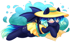 Size: 1113x701 | Tagged: safe, artist:avonir, imported from derpibooru, oc, oc only, oc:aurora starcatcher, bat pony, pony, bat pony oc, bat wings, book, clothes, dress, female, hat, lying down, mare, prone, simple background, solo, sun hat, transparent background, wings