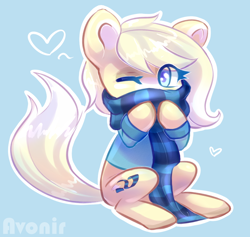 Size: 934x886 | Tagged: safe, artist:avonir, imported from derpibooru, oc, oc only, earth pony, pony, blue background, clothes, earth pony oc, eyelashes, female, mare, one eye closed, scarf, simple background, solo, striped scarf, wink