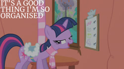 Size: 1280x720 | Tagged: safe, edit, edited screencap, editor:quoterific, imported from derpibooru, screencap, twilight sparkle, pony, unicorn, season 1, winter wrap up, clipboard, female, golden oaks library, mare, open mouth, open smile, smiling, solo, unicorn twilight